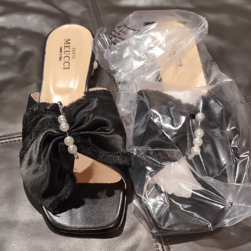 Sesto Meucci Black Satin Mules with Pearl Detail